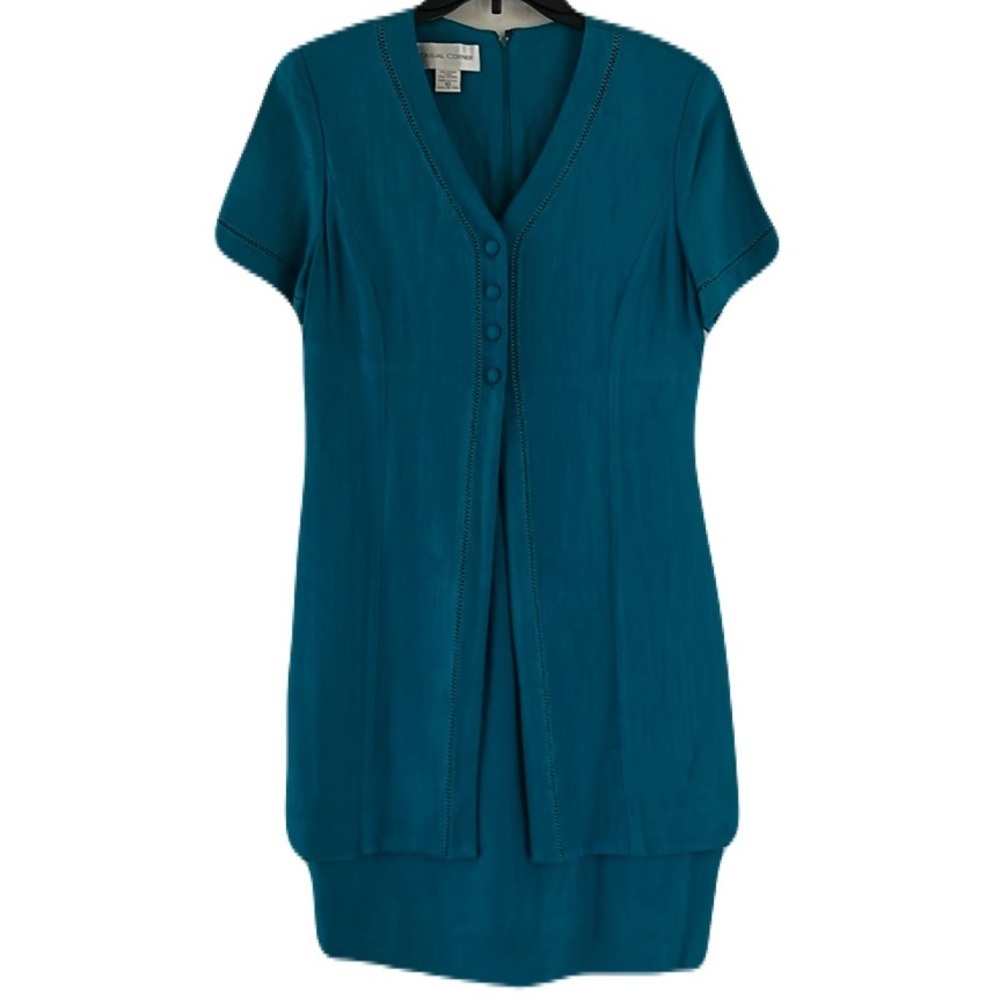Casual Corner Vintage V-neck Short Sleeves Green Dress Size 10 Made In USA